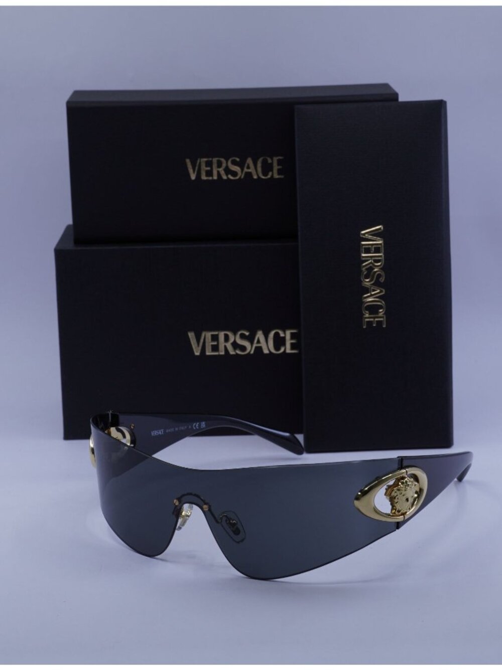 Versace VE2280 1002/87 Shield Sunglasses – Black/Dark Grey